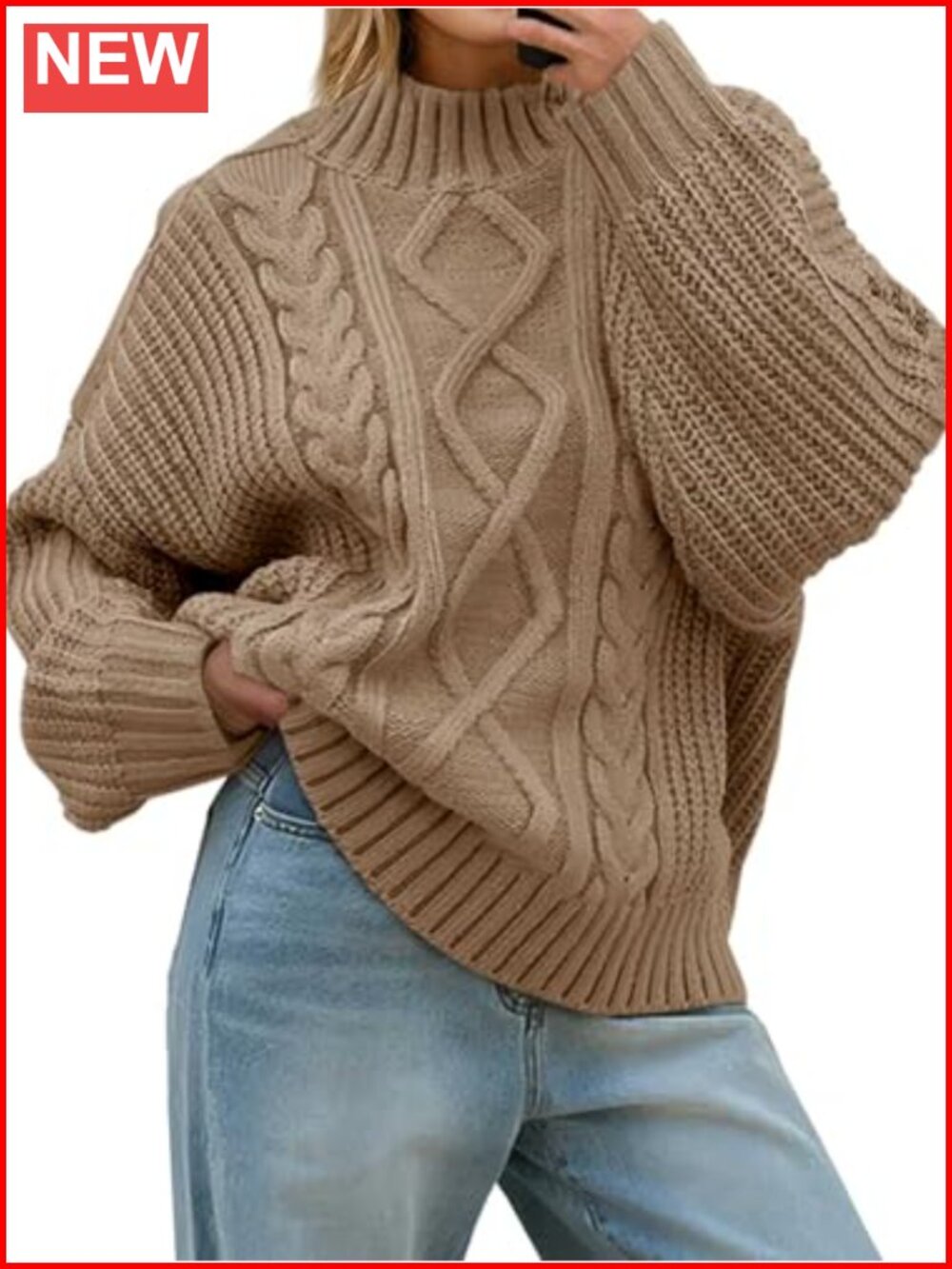 Oversized Cable Knit Turtleneck Pullover Sweater Button Up